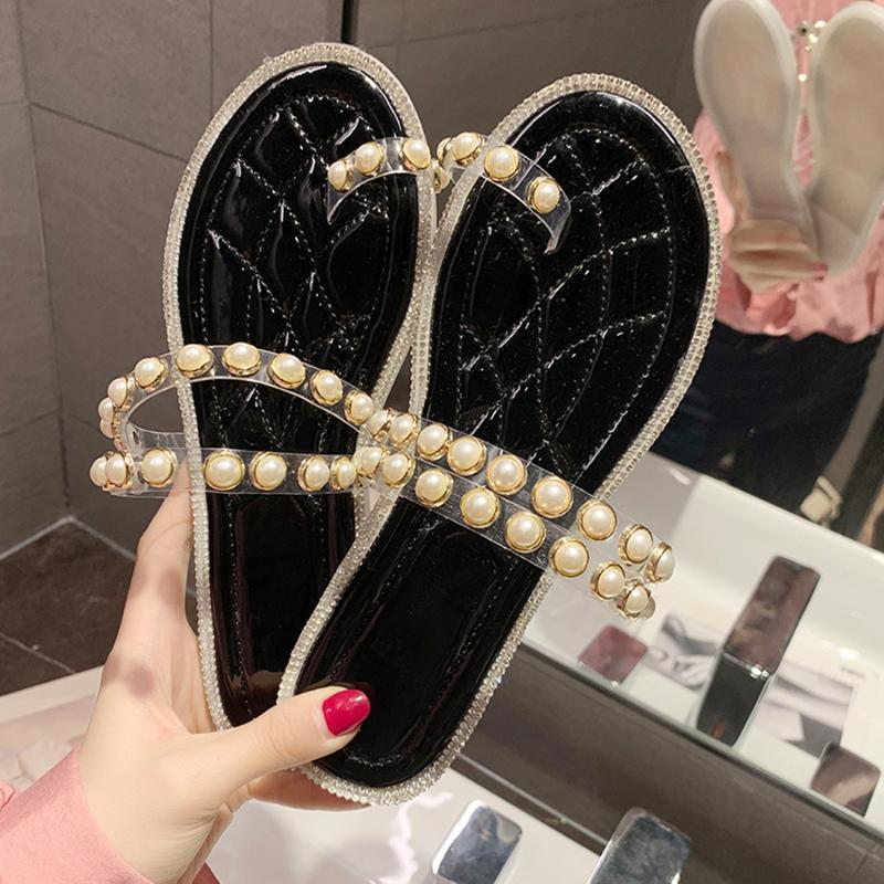 

Summer Women Thong Sandals Green Pearl Transparent Flip Flop Casual Beach Rhinestone Shoes Desinger Outdoor Thick Heels Slippers, Beige