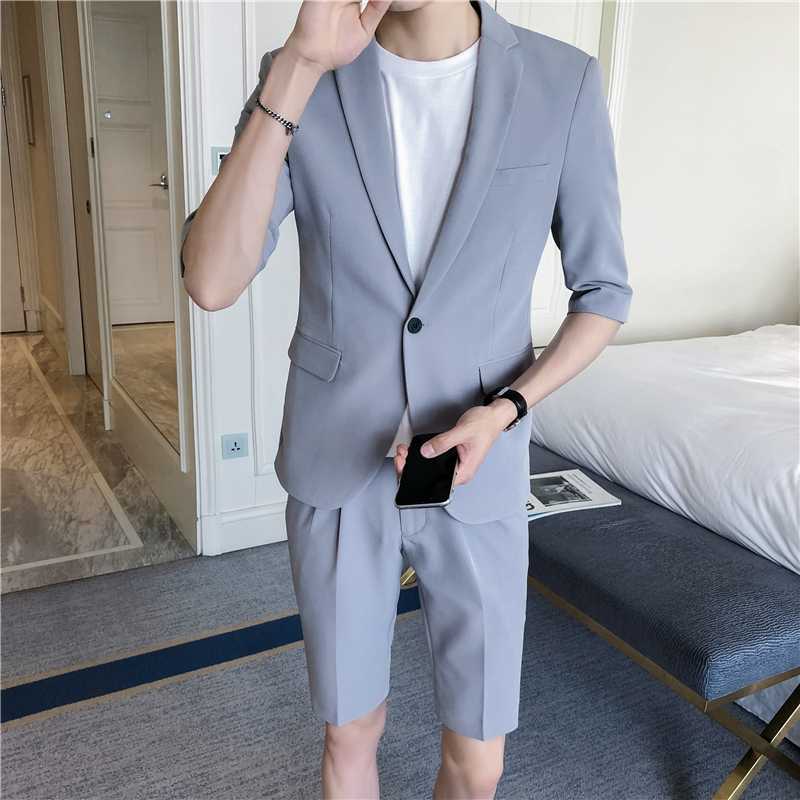 

Korean Style Men' Clothing Men Suit Set Slim Fit Half Sleeve Knee Length Pants Pink White Summer Suit Jacket With Short Pant, Same as photo