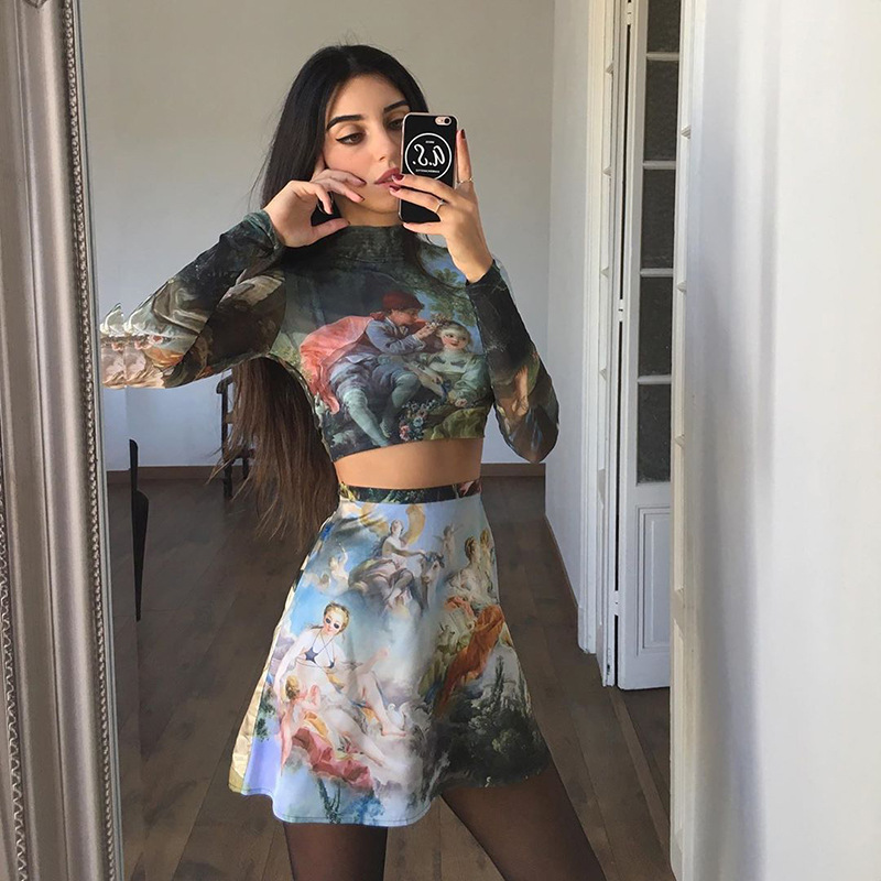 Nouvelle mode rétro peinture à l'huile imprimer 2 pièces ensemble à manches longues col roulé hauts courts Slim Fitness t-shirt femmes une ligne