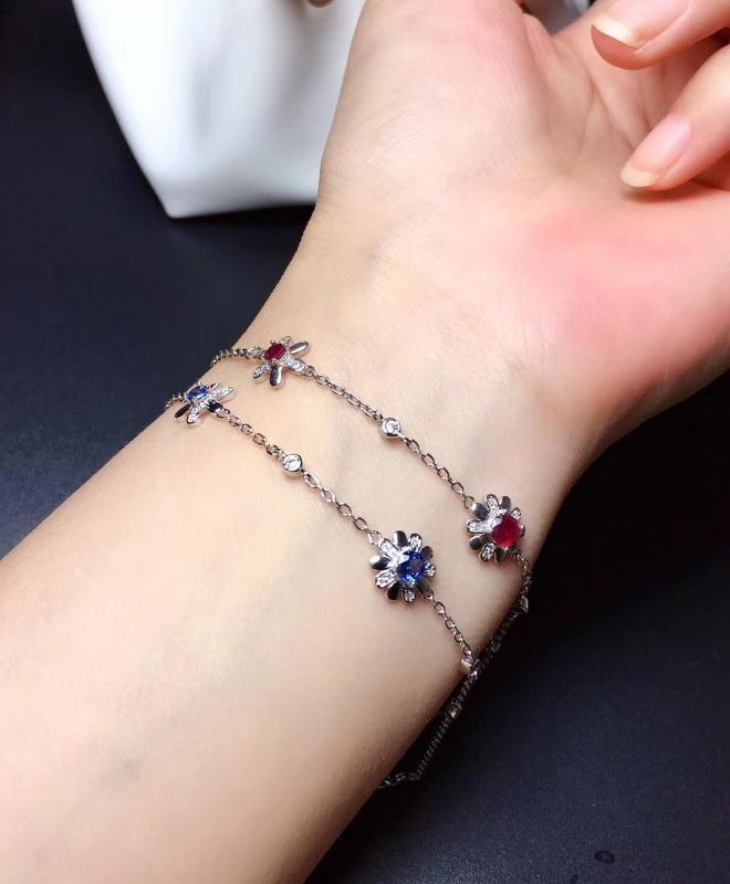 

silver bracelet flower charming red ruby /blue sapphir bracelet women silver jewelry real 925 natural gem birthday gift