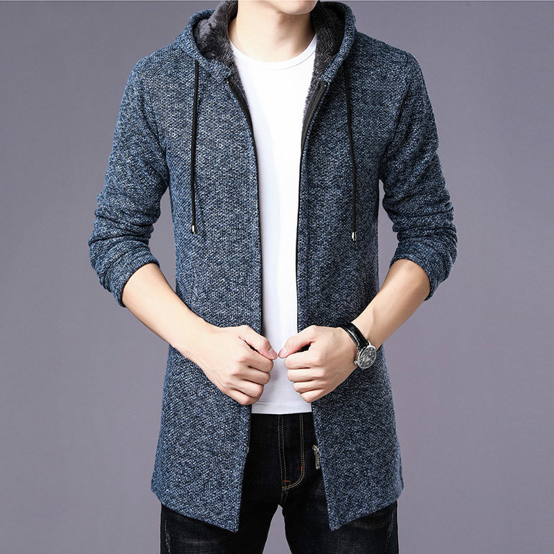 

High Quality Sweater Men's 2019 Autumn and Winter Thick Warm Long Cardigan Men's Hooded Sweater Coat with Cotton Lining Zip Coat, Red