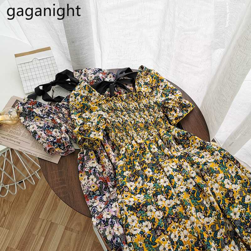 

Gaganight Vintage Floral Dress Korean Ruched Stretch Slim Long Vestidos Summer Elastic Empire Large Swing Chiffon Maxi Dresses, Green