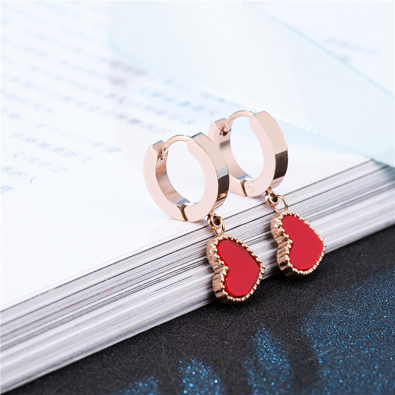 

New Design Womens High Quality Red Heart Charm Huggie Dangle Earring Rose Gold Plated Stainless Steel Jewelry for Sale