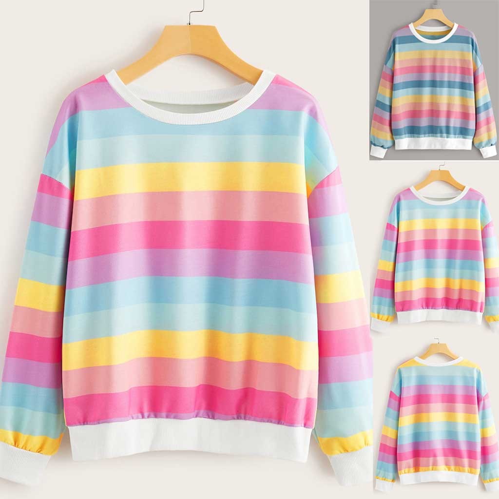 

Women' Sweatshirt Round Neck Rainbow Striped Print Hoodie Jumper Long Sleeve Sweatshirt Womens Clothes With Free Shipping, As photo