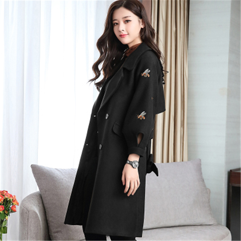 

Fashion Lantern Sleeveless Woolen Jacket 2019 Winter New Korean Embroidered Slim Long Woolen Coat for Women With Belt Z113, Beige