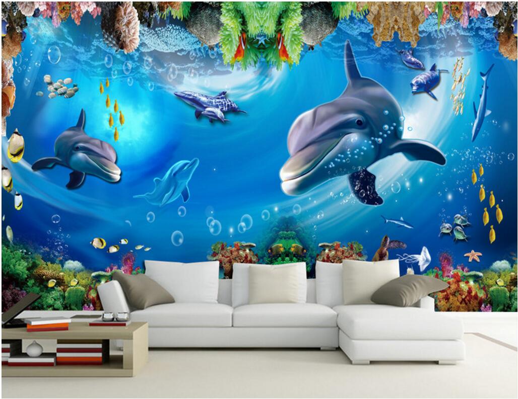 

3d wall paper for living room custom photo Undersea world dolphin fish whale background home decor 3d wall murals wallpaper for walls 3 d, Non-woven wallpaper