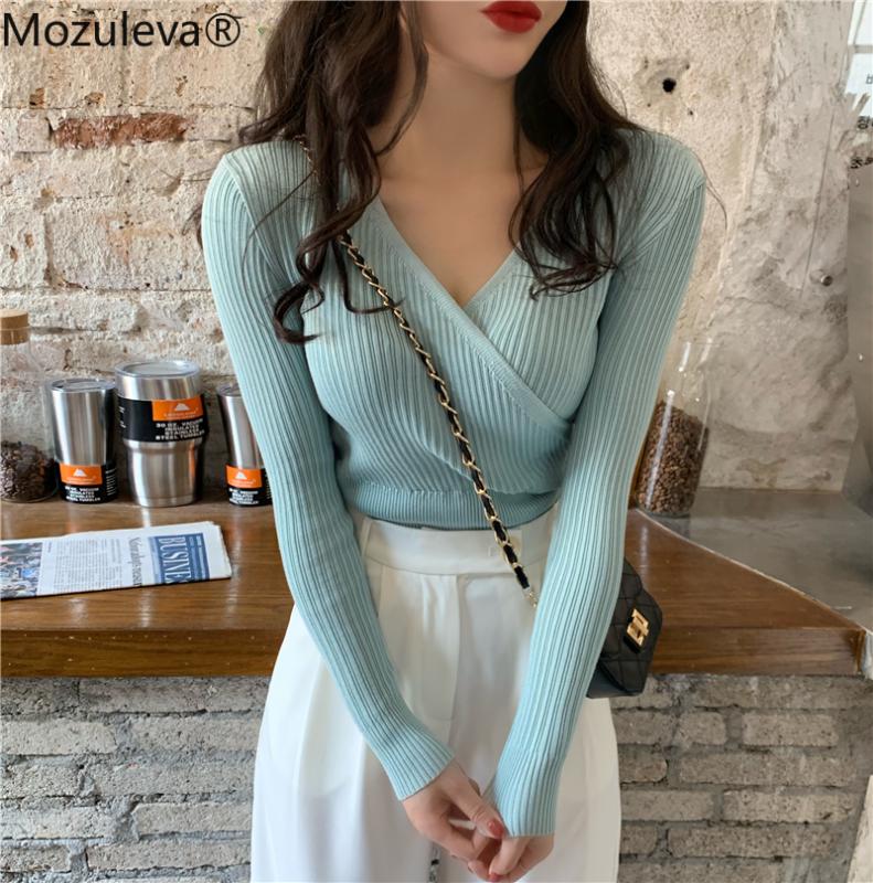 

Mozuleva 2020 Autumn Winter Simple All-match V-neck Cross Women Pullovers Slim Female Knitted Sweater Tops Full Sleeve Jumpers, Black