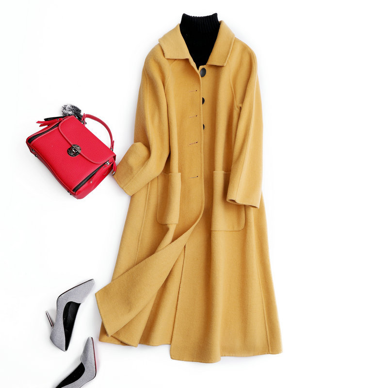 

High Quality Autumn 100% Wool Coat Alpaca Warm Winter Coat Women Yellow Long Wool Office Lady Slim Female Overcoat, Beige