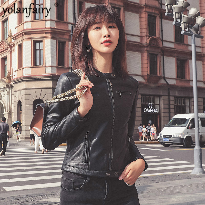 

Genuine Leather Jacket Women Short Biker Leather Jacket Spring Autumn Sheepskin Coat for Women Cuero Genuino W00107 Pph374, Black