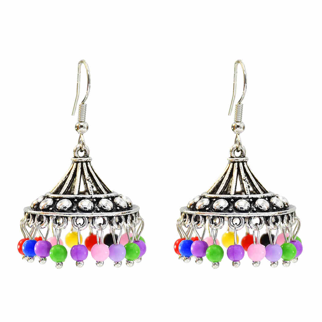 

Vintage Silver Alloy Colorful Beads Bells Tassel Jhumka Earrings for Women Bohemian Indian Jewelry
