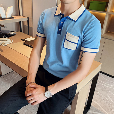 

2020 new contrast color knitted short-sleeved shirt men's Hong Kong style trend Korean version of simple lapel shirt, White