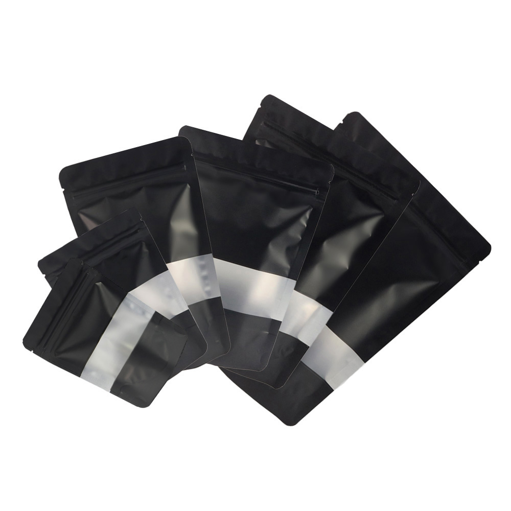 

Assorted Size Matte Black With Clear Rectangle Window Front Silver Inside Black Back Foil Mylar Stand Up Zip Lock Bags With Tear Notch
