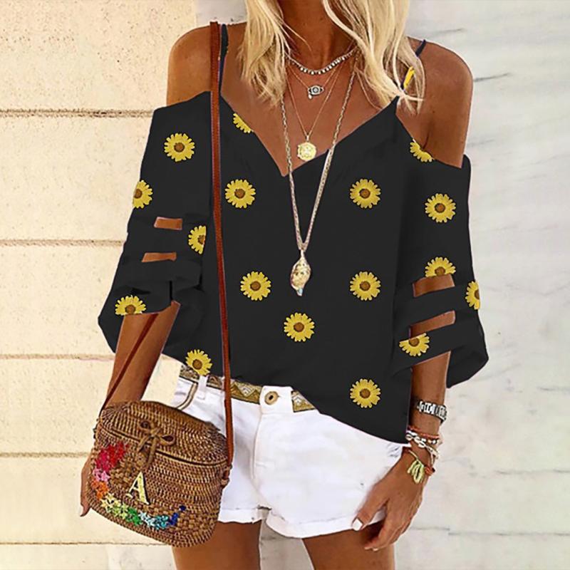 

Feitong Plus Size Women Blouse Middle Sleeve Daisy V-neck Strapless Tunic Top Shirts Blouse Tops Ladies Shirt 2020 Clothing, Black