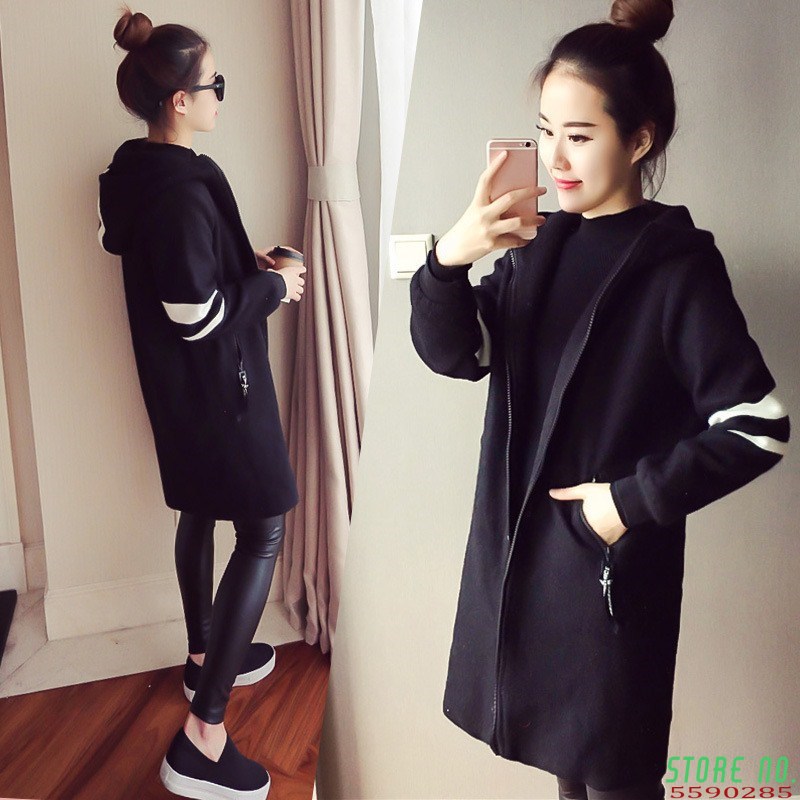 

5XL Plus Size Autumn Casual Black Trench Coats Loose Women Striped Hooded Long Coat Outerwear Long Sleeve Packets Trench