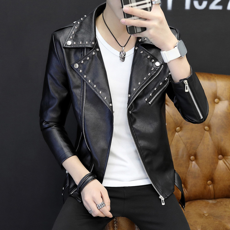 

Autumn Latest Men Leather Jacket Fashion High-quality rivet PU Leather Jacket Slim Men Casual Lapel Motorcycle Casaco Masculino, Black
