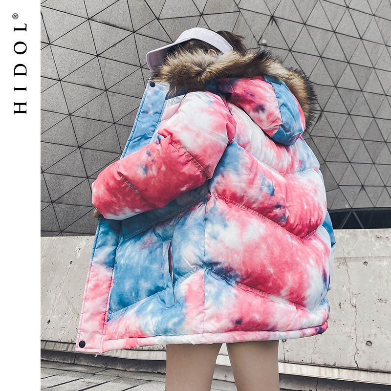 

Winter Thick Oversize Tie Dye Parka Coat Couples Lovers Vintage Graffiti Print Zipper Hooded Jacket Women Hip Hop Swag Blue/Pink