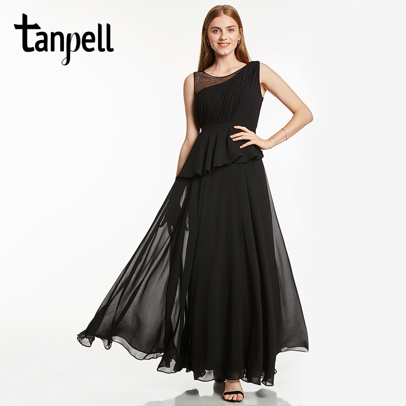 

Tanpell scoop long evening dress black sleeveless a line floor length dresses women red chiffon draped formal prom evening dress