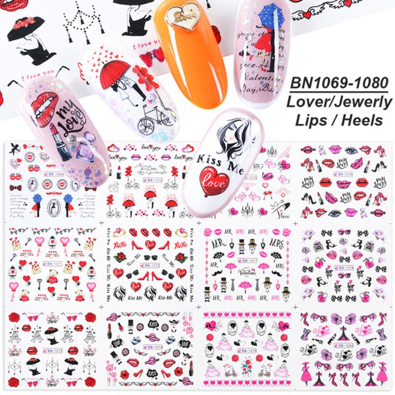 

12 Design Valentines Water Decal Slider Nail Art Decoration Letter Leaf Sexy Girl Lips Stickers For Nails Manicure