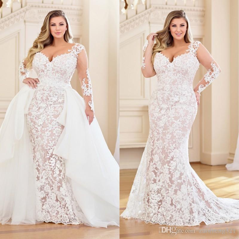 

Stunning Plus Size Mermaid Wedding Dresses With Detachable Train Long Sleeves Country Bridal Gowns V Neck Trumpet Vestidos De Novia, White