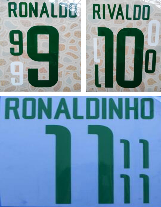 

2002 Brazil retro home green printing nameset RONALDO RIVALDO RONALDINHO soccer player's stamping letters Brasil impressed football stickers