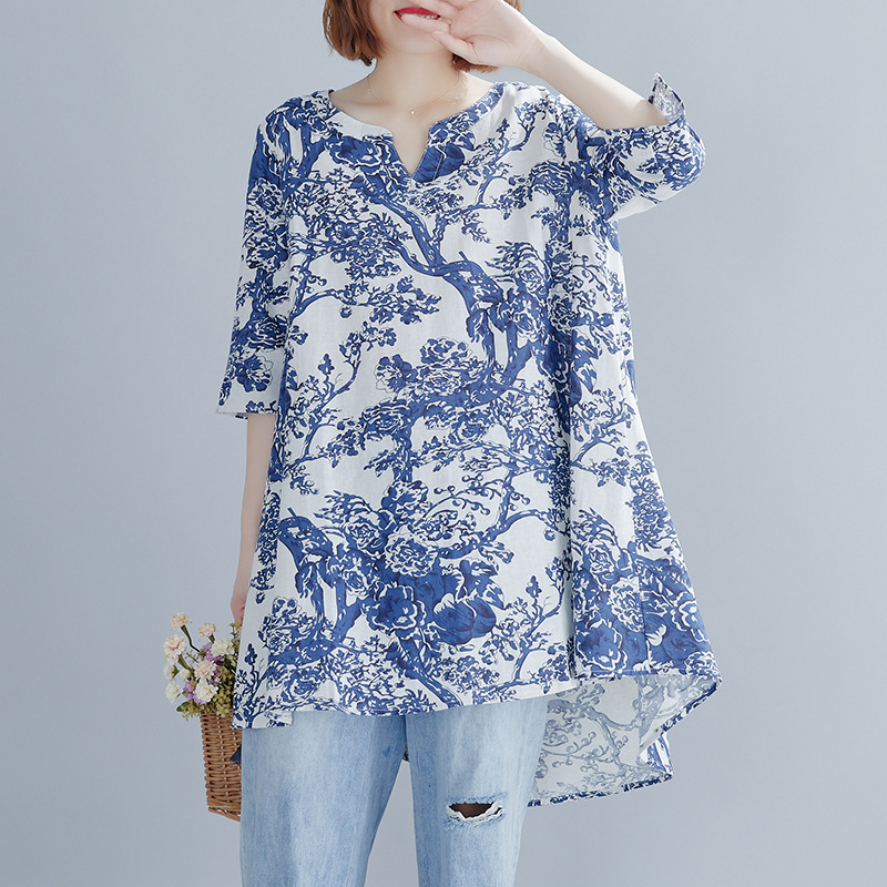 

Johnature Spring Summer Retro Floral Print V-neck Half Sleeve Irregular Fashion T-shirts 2020 New Leisure All-match Women Tops, Picture
