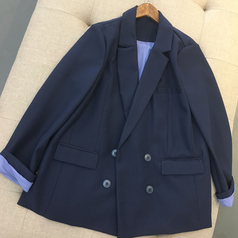 

EWQ] 2020 Spring Summer New Arrivals Notched Collar Full Sleeve Solid Pattern Pockets Button Women Office Lady Coat AY74317S, Navy blue
