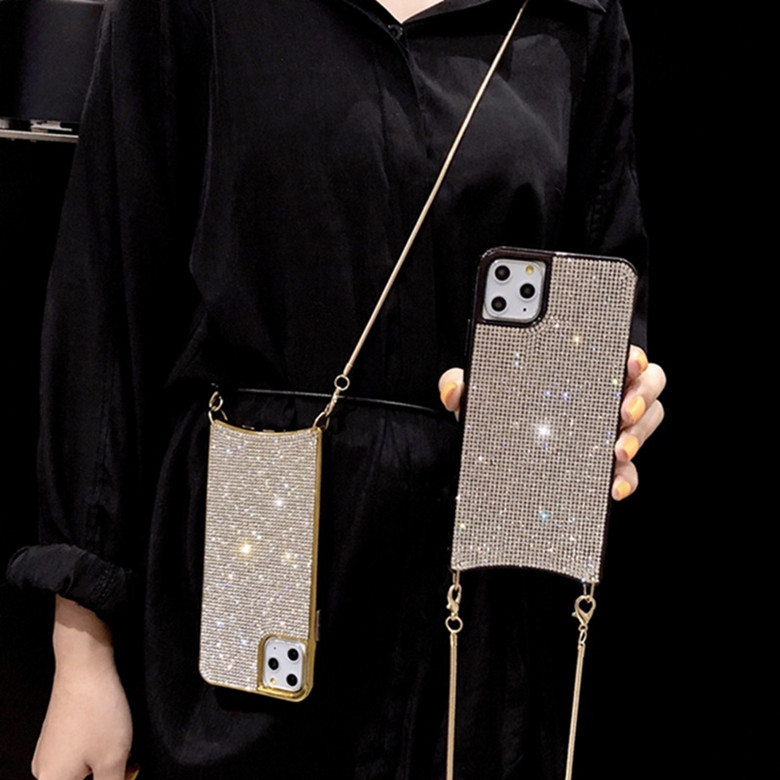 Bling Glitter Shoulder Lanyard Strap Diamond Shell Full Protective Plating Shinning Back Cover for iPhone 11 Pro Max XR XS 6s 8 Plus-image-523551077