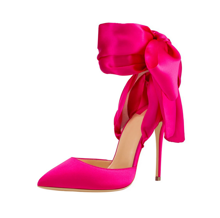 

Customized pointed toe banquet pumps satin fashion bowtie red bottom 12cm high heels dress shoes black fuchsia