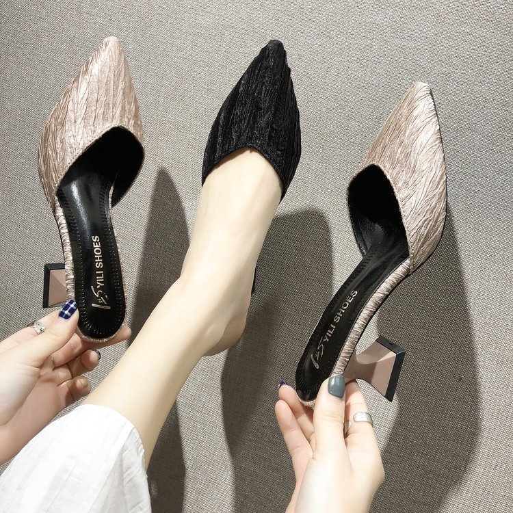 

New Style Pointed-Toe Muller Slipper Women's Summer 2020 Fashion Outer Wear Versatile Closed-toe Semi-high Heeled Semi-Slipper, Black