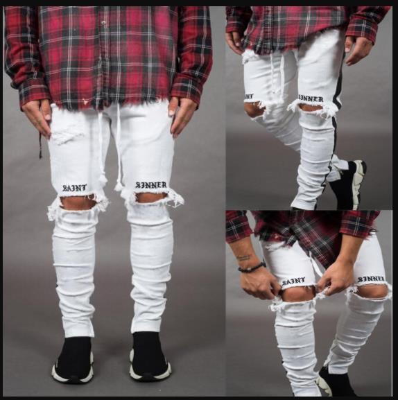 

Letter Mens Designer Jeans Holes Street Black Skinny White Stripes Jeans Hiphop Skateboard Pencil Pants, Biker jeans 3