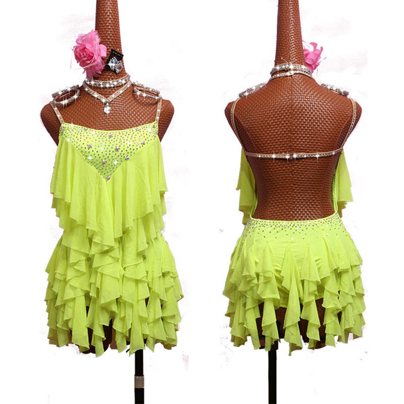 

New Sexy Latin Dancing Dresses For Ladies Yellow Dress Traditional Women Ballroom Costume Competitive Theatrical Garments E001