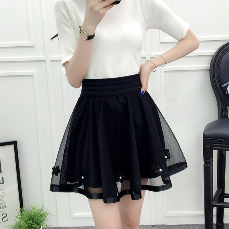 

Skirts Tulle Skirt High Waist 2021 Summer Women Black Mesh Beading Sweet Mini School Elastic Tutu, Black solid