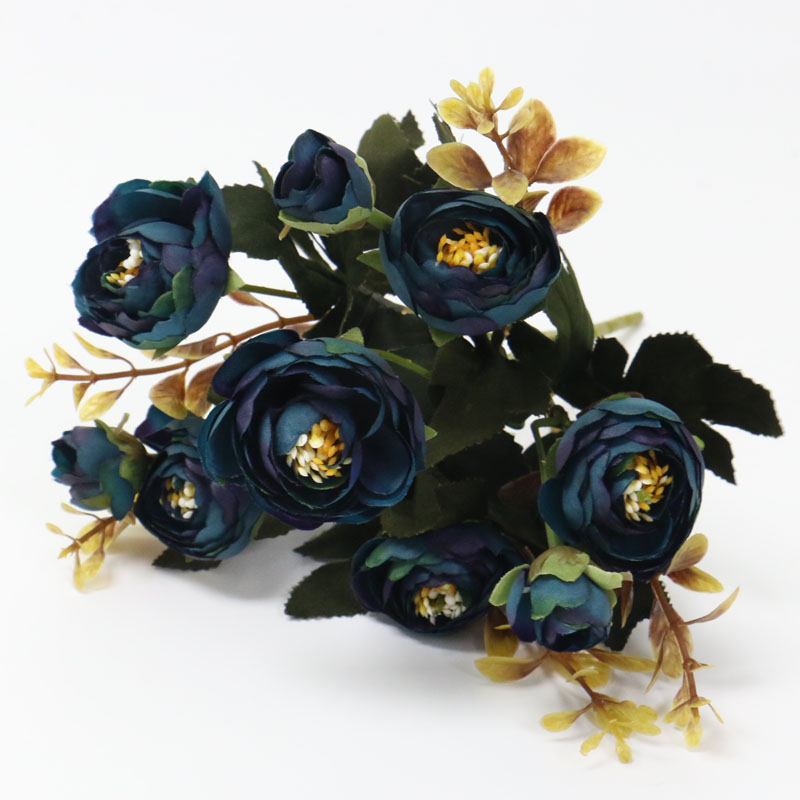 

1 Bouquet 9 head Artificial Silk cloth Fake Flowers Leaf Peony Floral Home Wedding Party home Decor Blue rose small bouquet