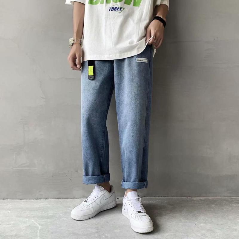 

BXyichen straight jeans men' Korean version of the trend of wild loose spring Hong Kong trendy brand wide leg cropped pants, Ghfg269-blue