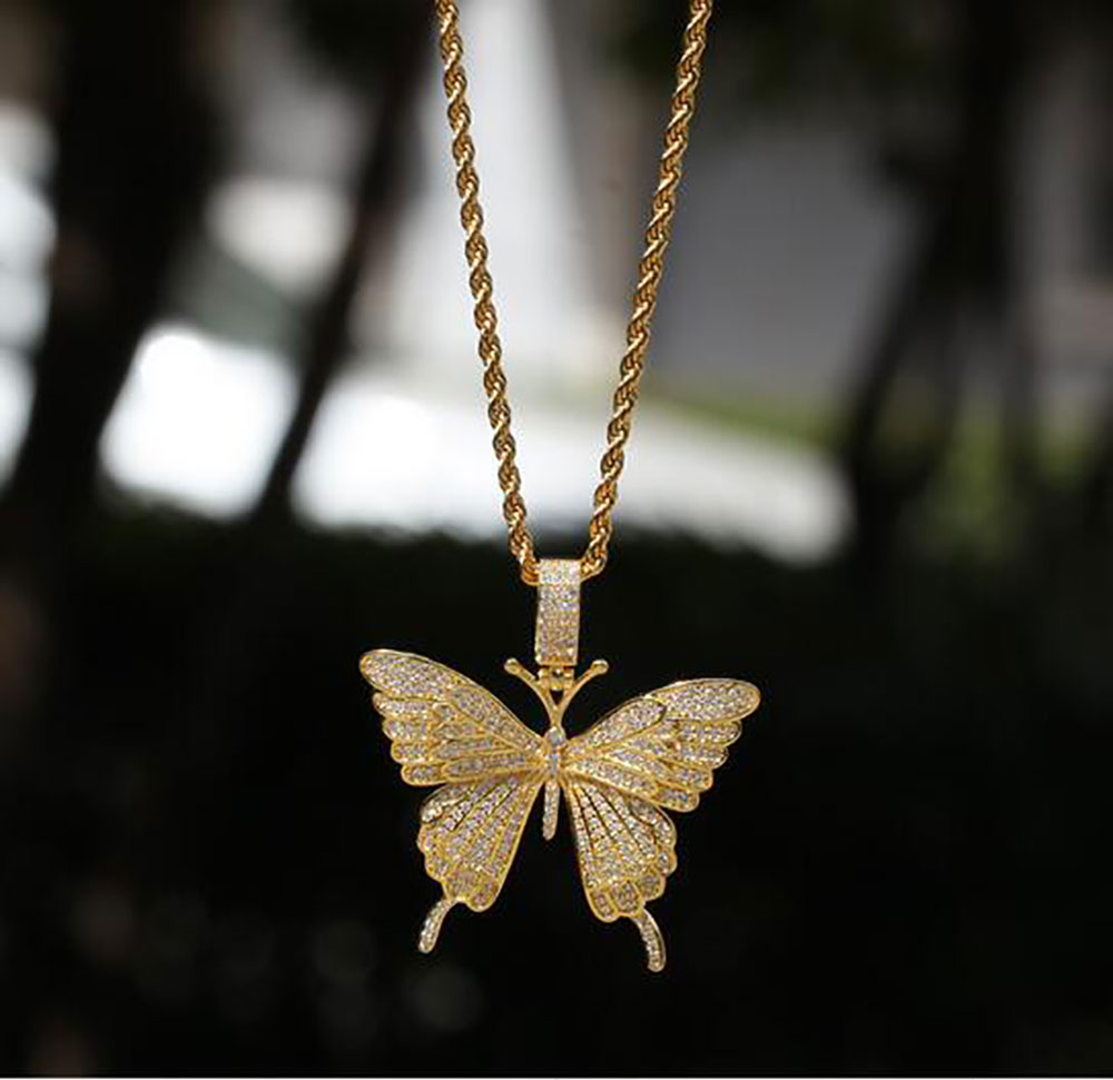 

14K Gold Iced Out Butterfly Pendant Necklace Micro Pave Cubic Zirconia Colorful Diamonds Butterfly Pendant 3mm 24inch Rope Chain