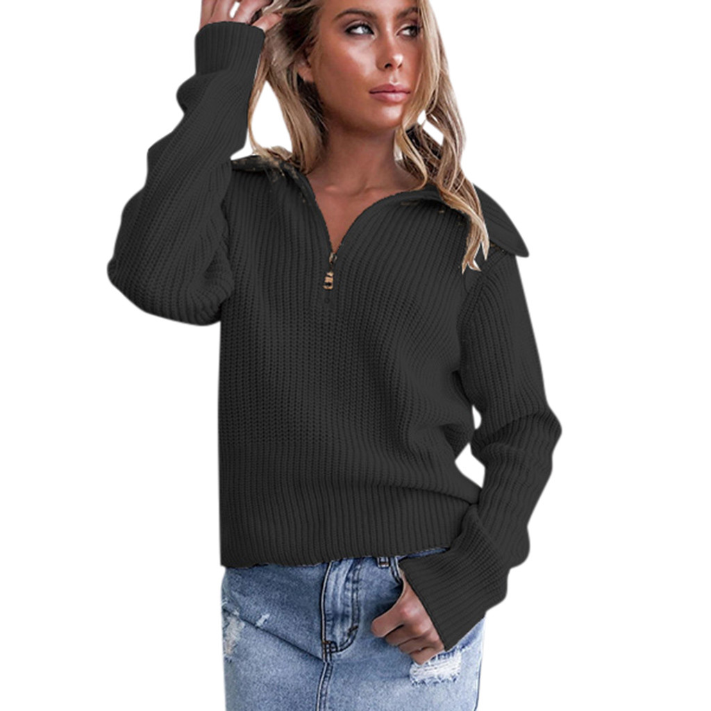 

autumn womens sweaters Solid Sweater Long Sleeve V-Neck With Zipper knitting Sweater winter top jersey invierno mujer#XB35, Beige