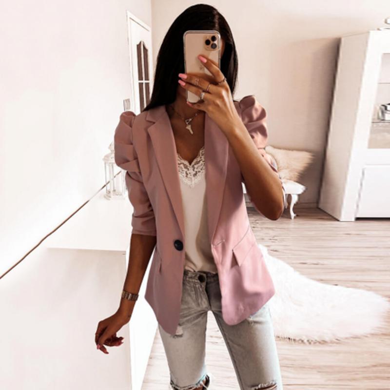 

Women Casual Pink Coat Ladies Spring Summer Fashion Lapel Sleeve Half Sleeve Coat Slim Fit Single Button Pleated Jacket D30
