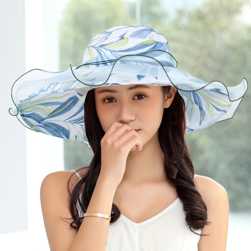 

Women Floral Organza hat Foldable Flat Ruffles Wide Brim hats Gauze Kentucky Derby Cap Folding Sun hat Tea Party Church Wedding cap, Blue;gray