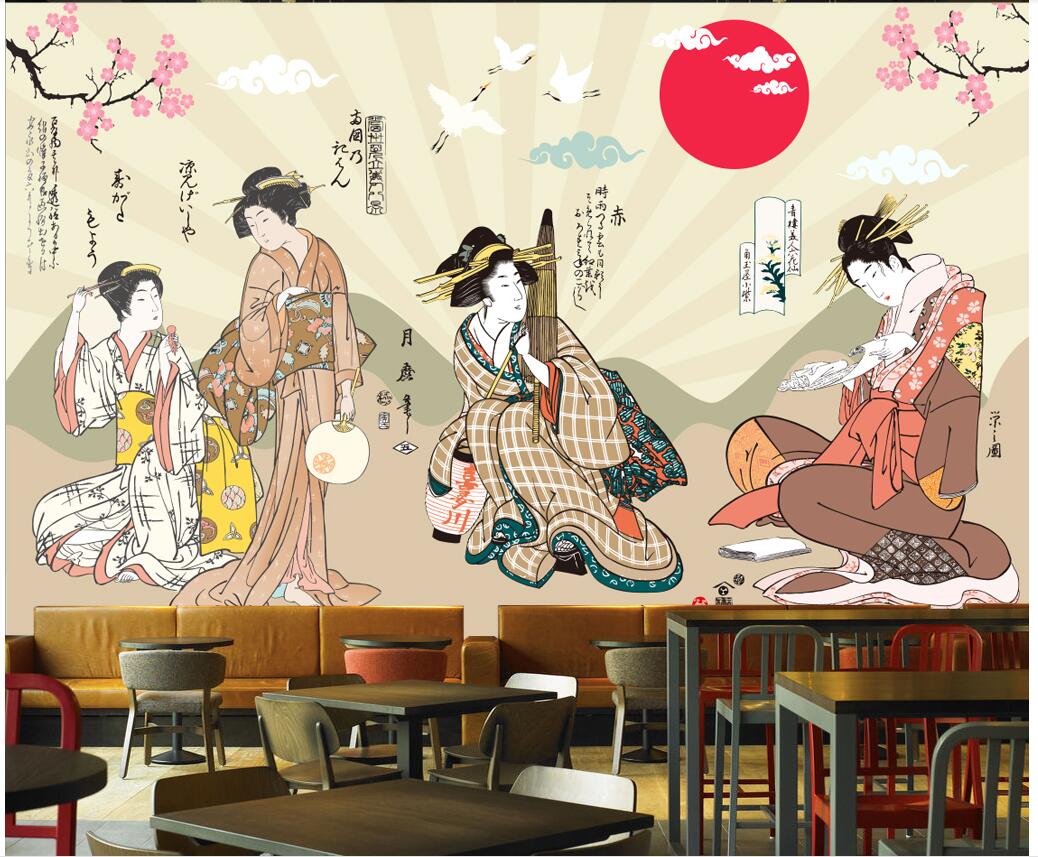 

3d photo wallpaper custom mural Vintage Japanese style beautiful and wind lady background home decor living room wallpaper for walls 3 d, Light yellow