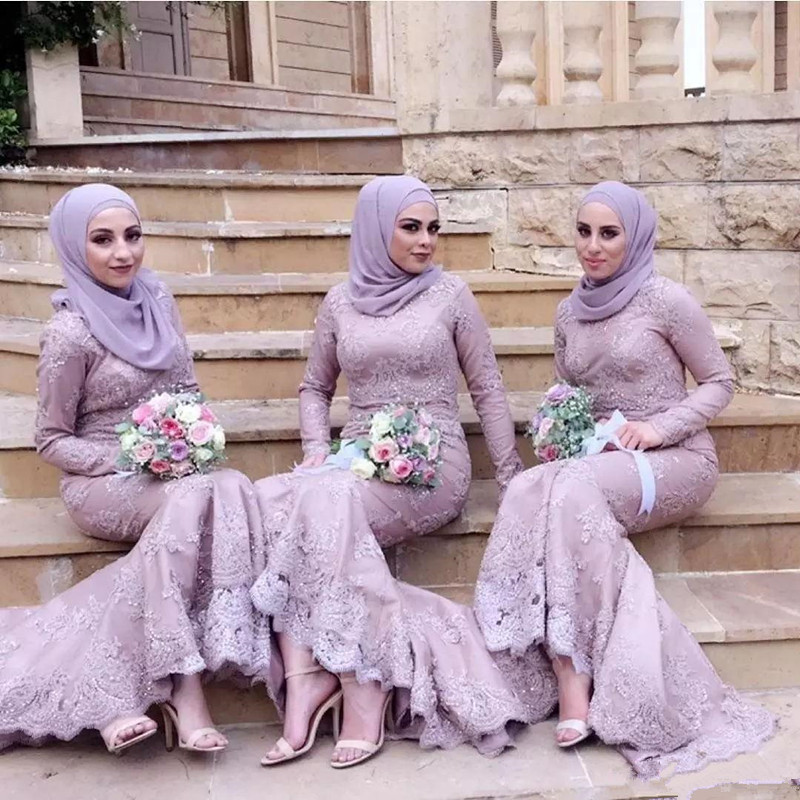 

Muslim Bridesmaid Dresses Long Sleeve Mermaid Lace Arabic Wedding Guest Dress Formal Evening Dresses Prom Party Gowns Custom Size