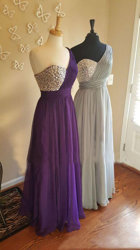 

One-shoulder Silver Gray Bridesmaid Dresses Crystal Beaded Pleated Chiffon Floor Length Purple Wedding Guest Dresses Cheap Prom Dresses