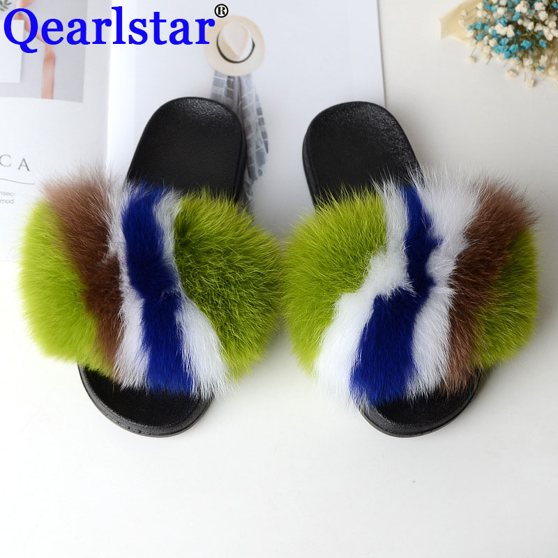 

Women Summer Fur Slippers Slides Real Fur Sandals Fluffy Natural Flip Flops Outdoor Beach Flat Sandals Shoes ST02, Chocolate