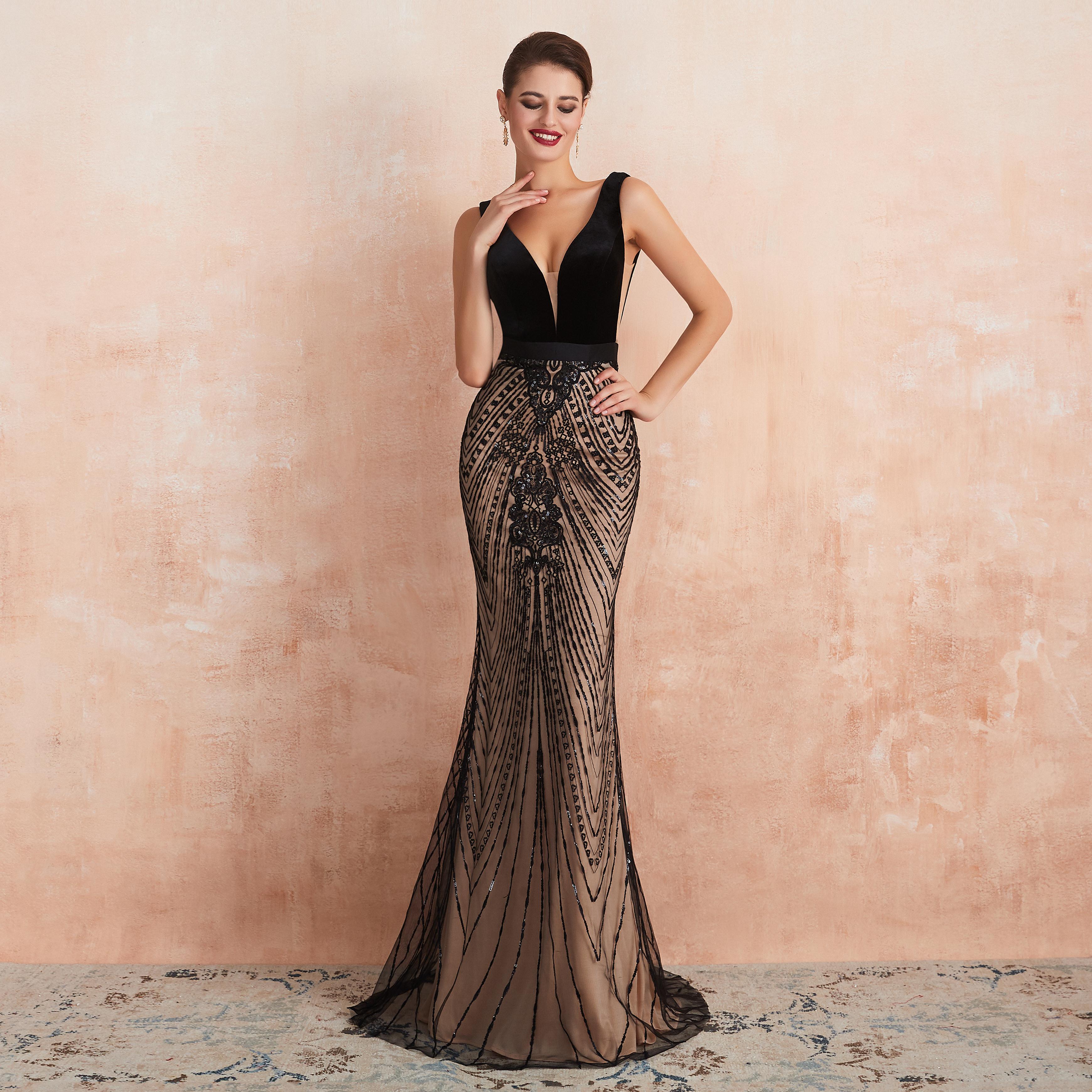 

2021 Trumpet Deep V-Neck Evening Dress Black Sequins Champagne Prom Dresses Sleeveless Formal Party Wear Vestidos de fiesta 37358, Same as image