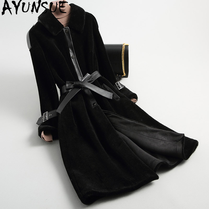 

AYUNSUE Real Fur Coat 2019 Winter Jacket Women 100% Wool Coats and Jackets Women Korean Long Coat Female Pu Leather Jacket MY, Black