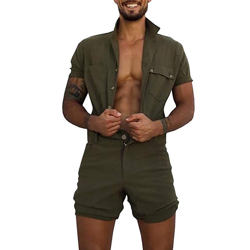 

QNPQYX Men Tracksuits Overalls Casual Lapel Short Sleeve Sets Rompers Solid One-Piece Buttons Jumpsuit Pocket Summer Clothes Male Beach, Gray