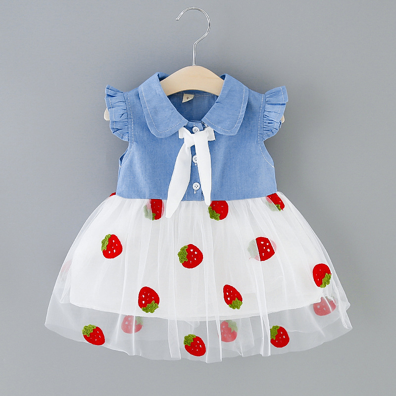 

Summer 2020 girl denim short sleeve mesh dress little girl printing stitching small tie pattern cotton casual denim mesh dress, Style 1