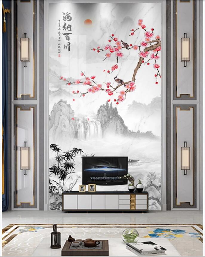 

3d wallpaper custom photo Chinese plum blossom bamboo landscape porch background room home decor 3d muals wall paper for walls 3 d, Non-woven wallpaper