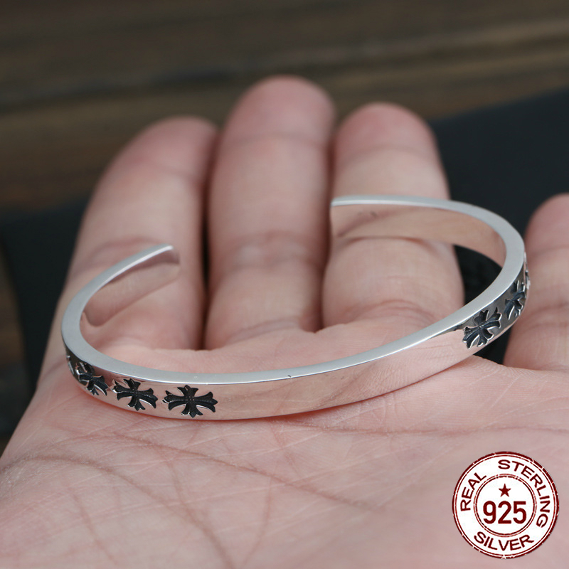 

100% S925 sterling silver men's bracelet personality fashion retro hip hop punk jewelry letter cross shape to send a gift hot, Black