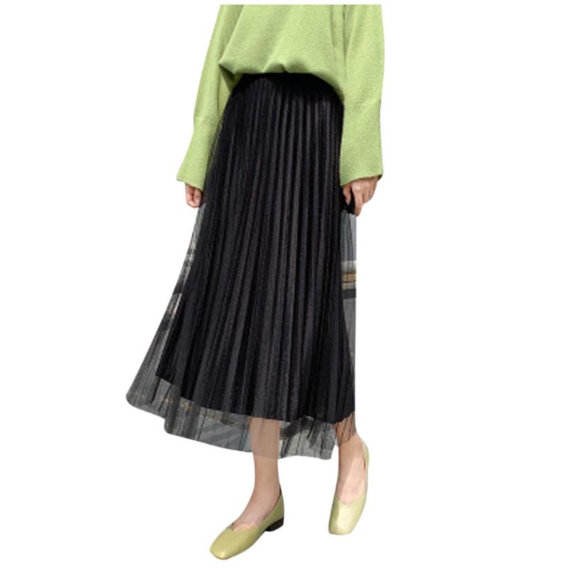 

Pleated Skirt for women Fashion Lady Gold Velvet Skirt High Waist Slim Mesh Splicing Mid-Calf for girls 2020 New, Black