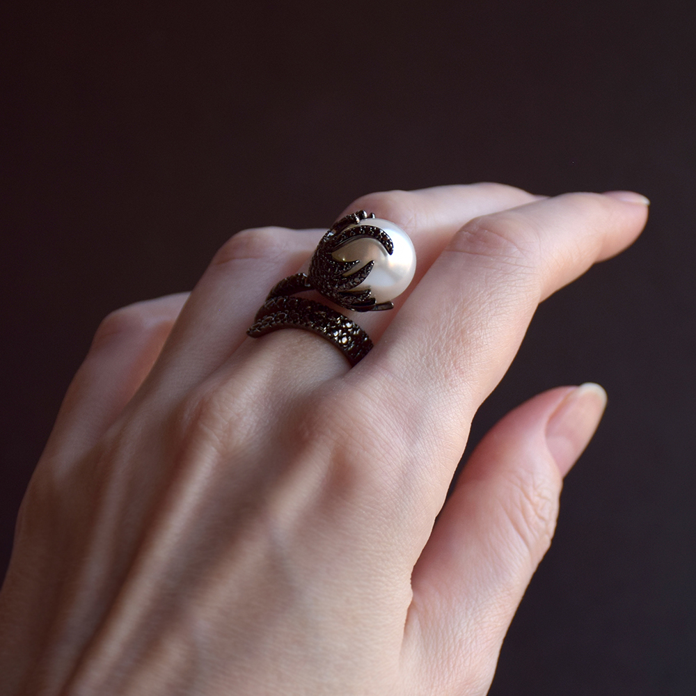 

Black and White 14mm Pearl ring Women Fashion Jewelry Elegant Top Quality Beautiful Big Rings Female Jewellery